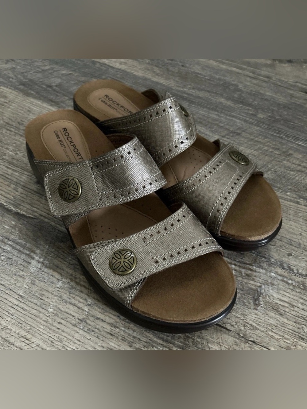 Rockport US 7 Cobb Hill Maisy Brown Leather Wedge Sandal Comfort Metallic 2 Band